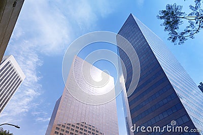 Low angle view of skyscrapers, business buildings in downtownÂ Los Angeles, USA. Stock Photo
